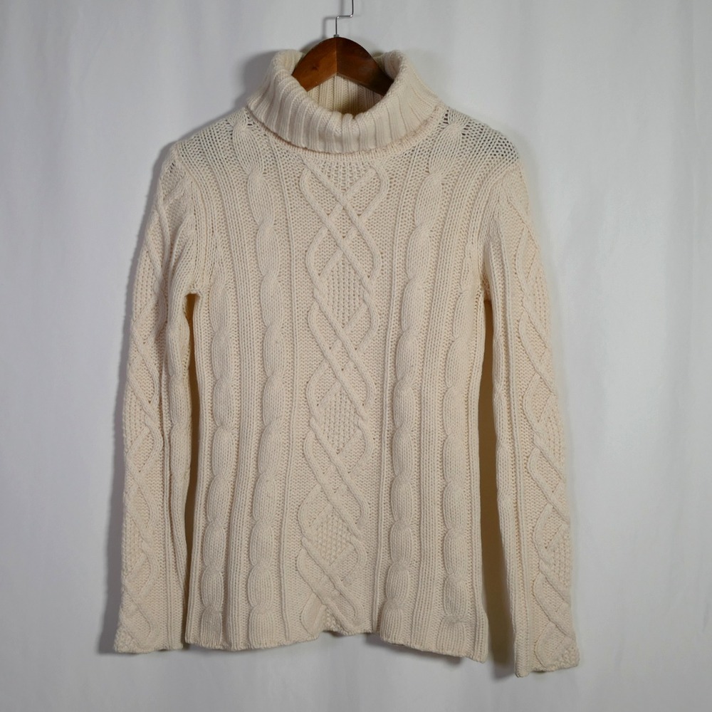 Eddie Bauer Fisherman Cable Knit Turtleneck Sweater Size S Merino Wool Granola